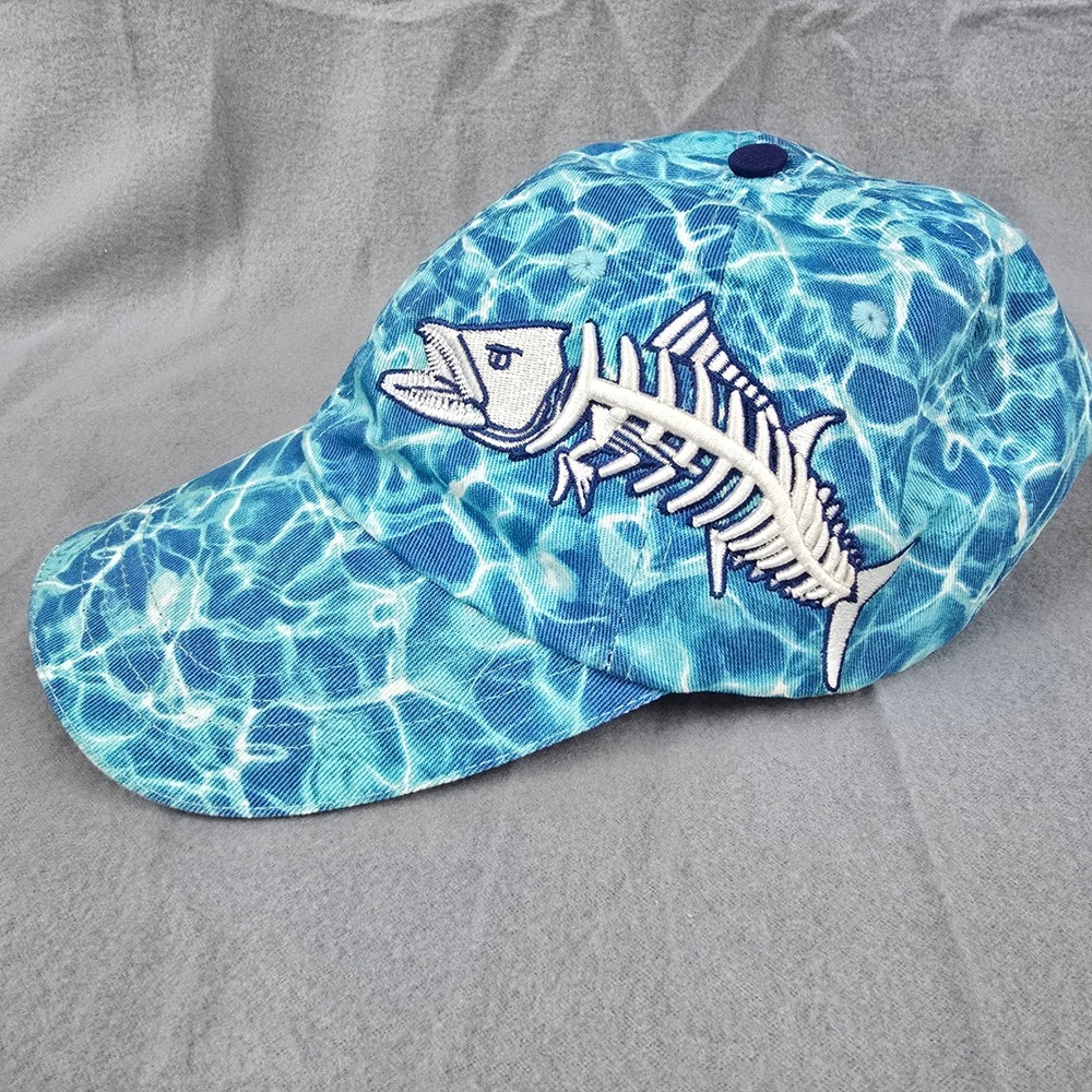 Get Reel Get Fish Blue Water Ripple Print Fish Skeleton Baseball Hat OSFM - Picture 3 of 9